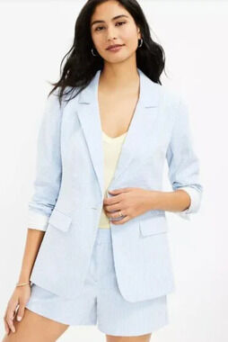 NEW ANN TAYLOR LOFT BLUE WHITE STRIPE SEERSUCKER MODERN BLAZER JACKET SIZE 0